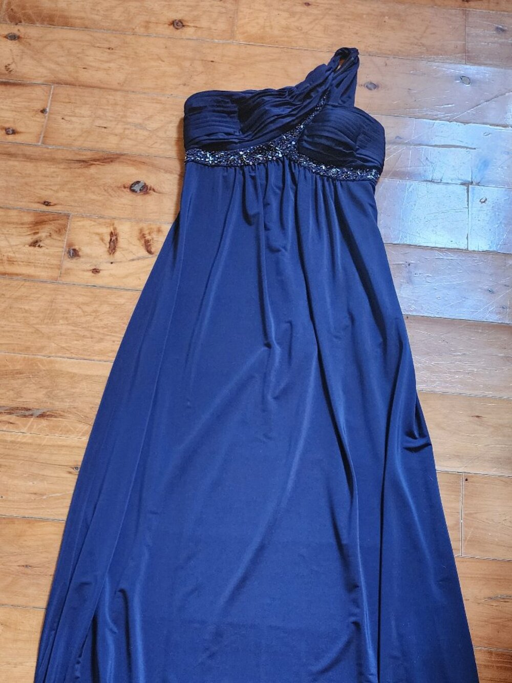 Navy, Full Length Cocktail Dress with Empire Waist, Beaded Trim, Size 4